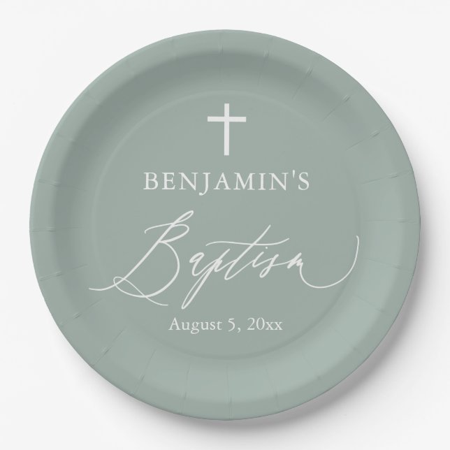 Sage Green White Cross Boy Baptism Party Plates (Front)