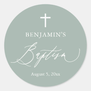 Sage Green White Cross Boy Baptism Round Sticker