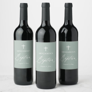 Sage Green White Cross Boy Baptism Wine Label