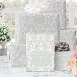 Sage Green White Damask Add Name & Congratulations Wrapping Paper