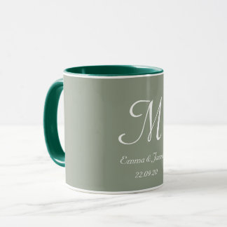 Sage Green & White Elegant Monogram Initial Name Mug