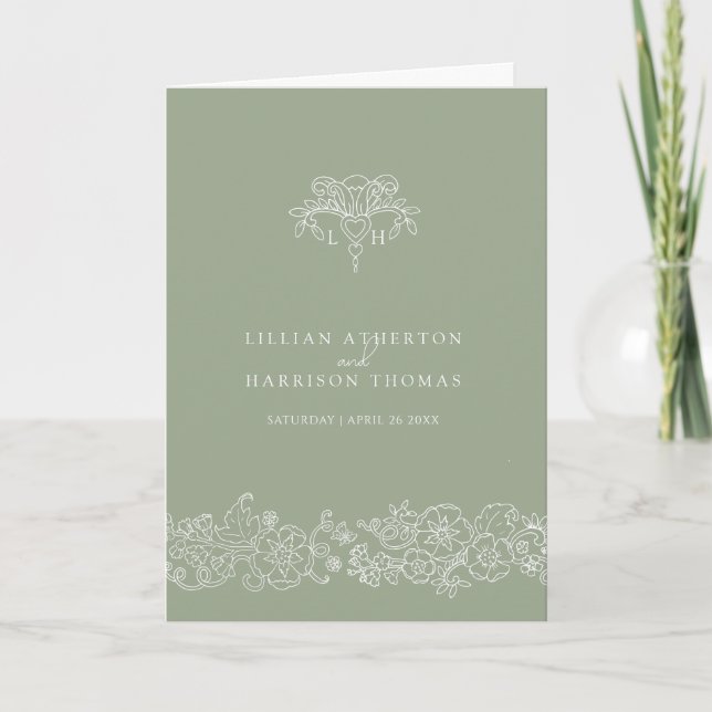 Sage green white fleur de lis monogram art wedding programme (Front)