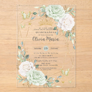 Sage Green & White Floral Butterflies Quinceanera Acrylic Invitations