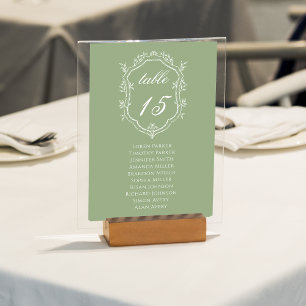Sage Green & White Floral Crest Wedding Seat Plan Table Number