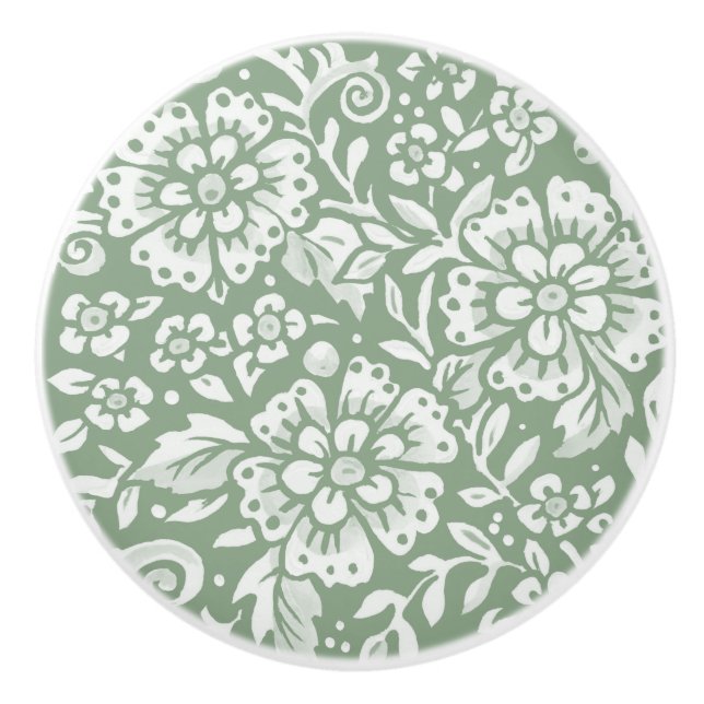 Sage Green White Floral Damask Pattern  Ceramic Knob (Front)