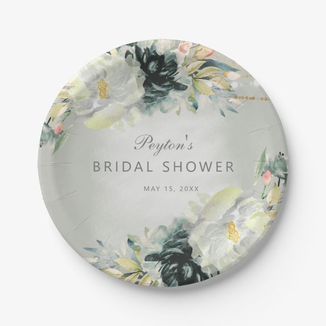 Sage Green White Floral Glitter Bridal Shower Paper Plate (Front)