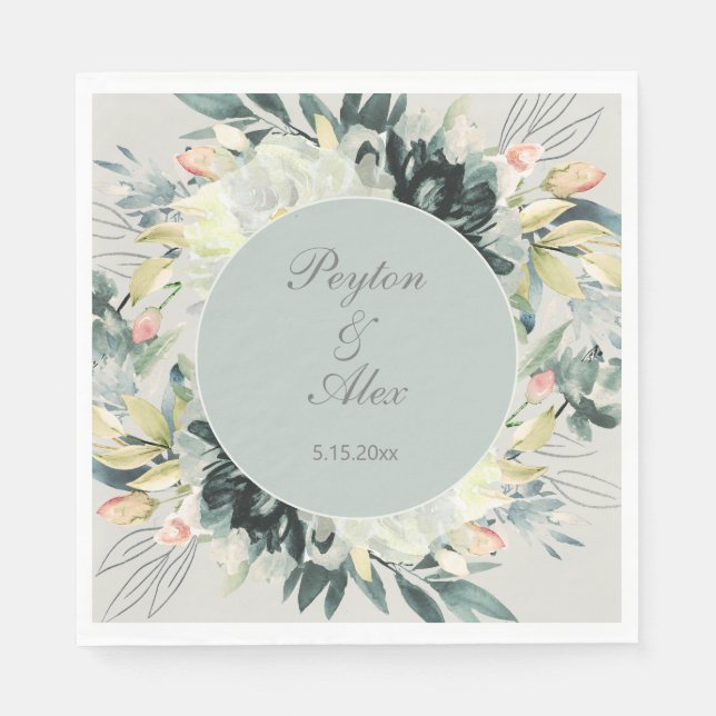 Sage Green White Floral Glitter Wedding Napkin (Front)