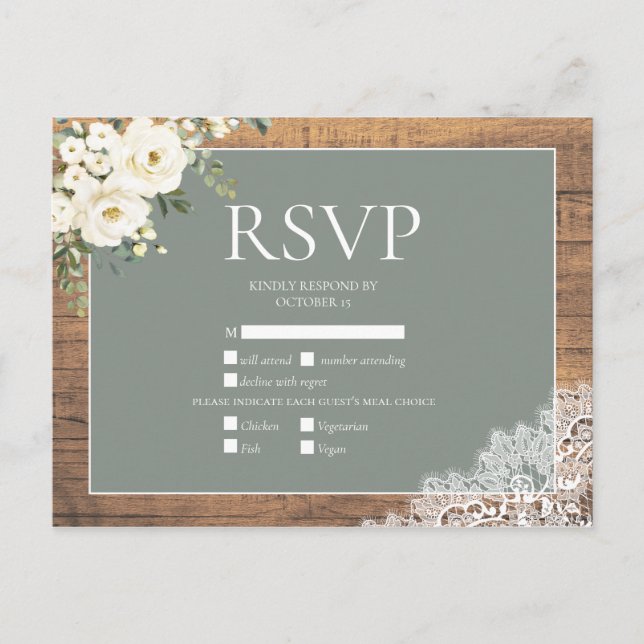 Sage Green White Floral Lace Wood Wedding RSVP Invitation Postcard (Front)