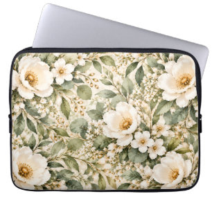 Sage Green White Floral Laptop Sleeve