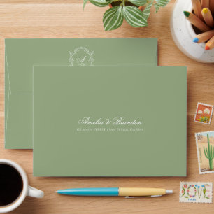 Sage Green & White Floral Monogram Crest Wedding Envelope