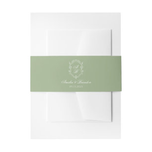 Sage Green & White Floral Monogram Crest Wedding Invitation Belly Band