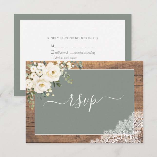 Sage Green White Floral Script Lace Wood RSVP Card (Front/Back)