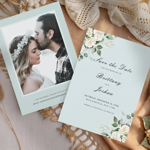 Sage Green White Floral Script Photo Wedding Save The Date