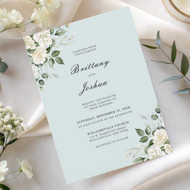 Sage Green White Floral Script QR Code Wedding Invitation (Creator Uploaded)