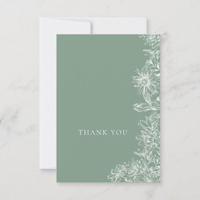 Sage Green White Floral Thank You Note Card (Front)