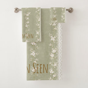 Sage Green White Floral Towel Set Elegant Chic