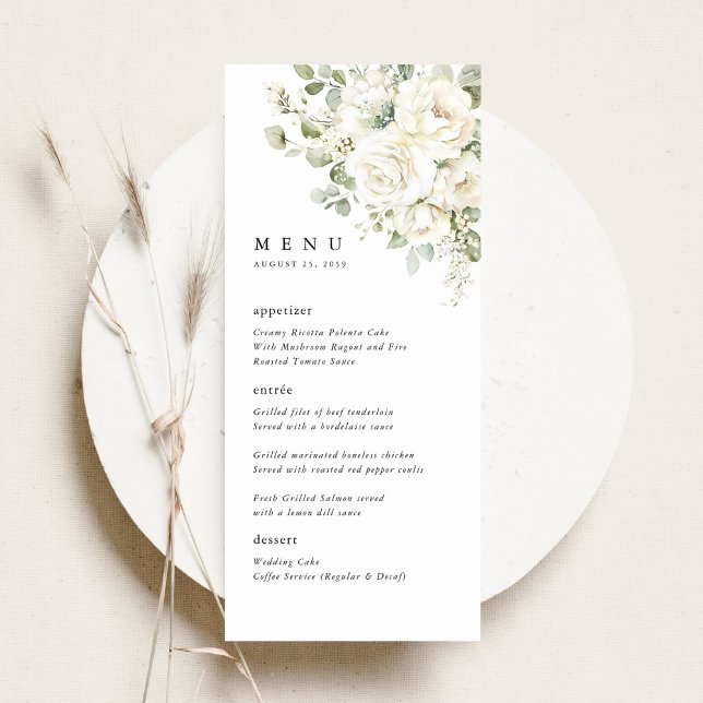 Sage Green White Floral Watercolor Wedding Dinner Menu (Sage green white floral wedding menu card, watercolor roses elegant reception stationery, flat lay)