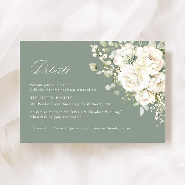 Sage Green White Floral Wedding Accommodation Enclosure Card (Sage green white floral wedding accommodation details card, watercolor greenery enclosure card)
