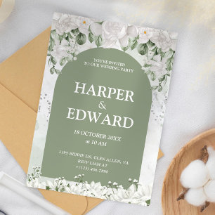 Sage Green White Floral Wedding Invitation