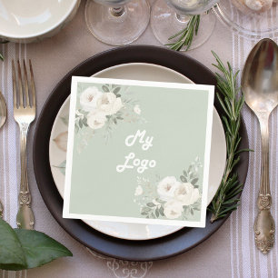 Sage green white florals business logo napkin