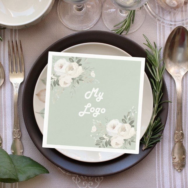 Sage green white florals business logo napkin (Creator Uploaded)