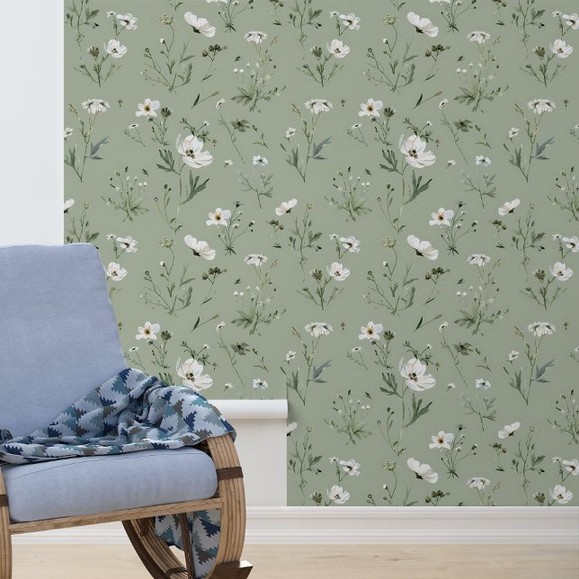 Sage green White Flower Floral  Wallpaper (Creator Uploaded)