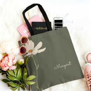 Sage Green White Flower Minimal Simple Tote Bag