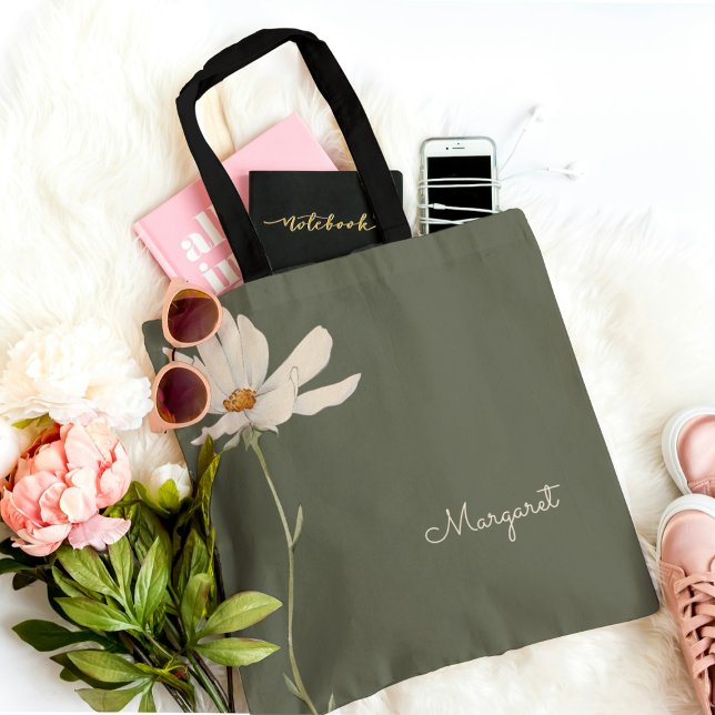 Sage Green White Flower Minimal Simple Tote Bag (Creator Uploaded)