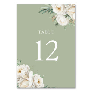 Sage Green & White Flower Wedding Reception Table Number