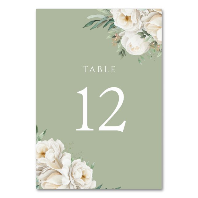 Sage Green & White Flower Wedding Reception Table Number (Front)