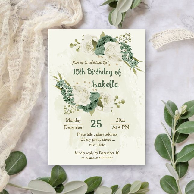 sage green white flowers botanical birthday invitation (Creator Uploaded)
