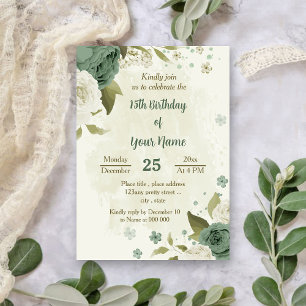 sage green white flowers botanical birthday invitation
