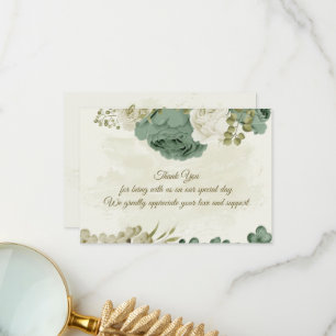 sage green white flowers botanical wedding thank you card