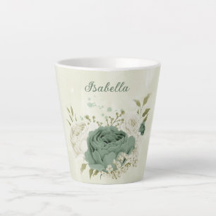 sage green white flowers latte mug