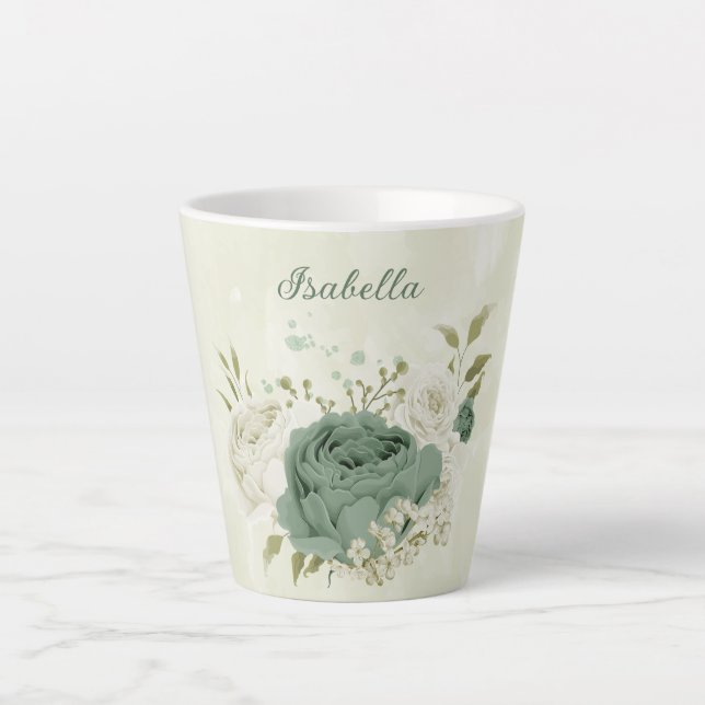 sage green white flowers  latte mug (Front)