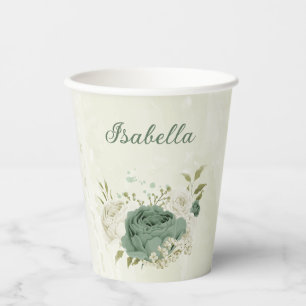 sage green white flowers paper cups