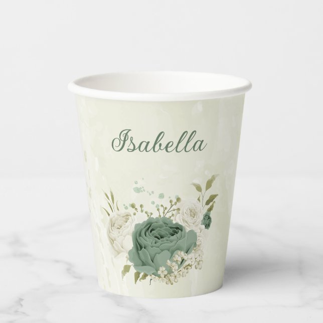 sage green white flowers  paper cups (Front)