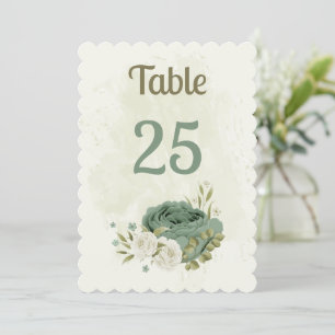 sage green white flowers table number card
