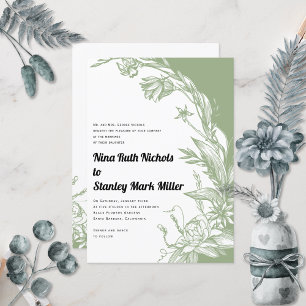 Sage green white flowers typography floral wedding invitation