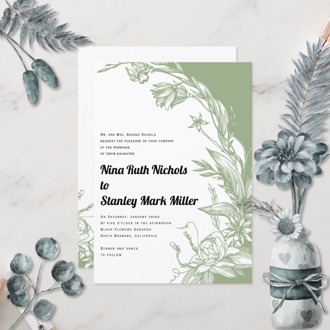 Sage green white flowers typography floral wedding invitation (Creator Uploaded)