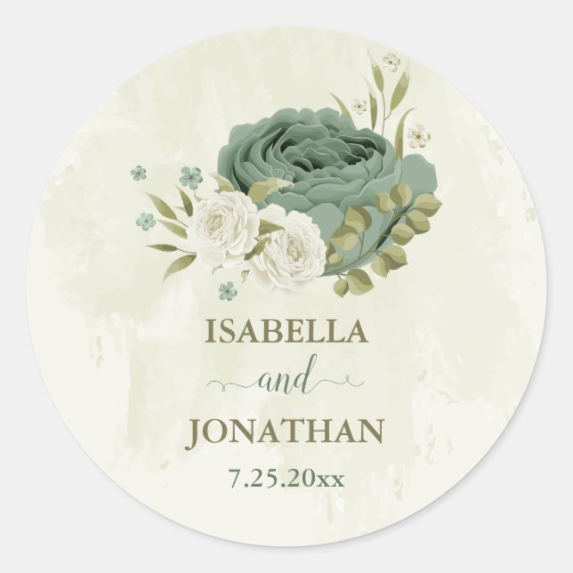 sage green white flowers wedding classic round sticker (Front)