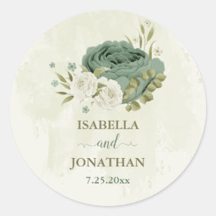 sage green white flowers wedding classic round sticker