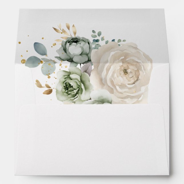 Sage Green & White Flowers Wedding Envelopes (Back (Bottom))