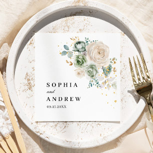 Sage Green & White Flowers Wedding Napkins