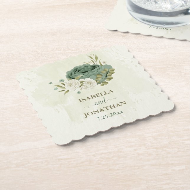 sage green white flowers wedding paper coaster (Angled)