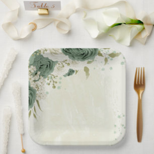 sage green white flowers wedding paper plate