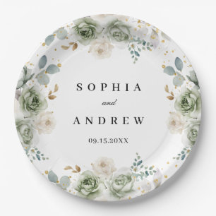 Sage Green & White Flowers Wedding Paper Plates