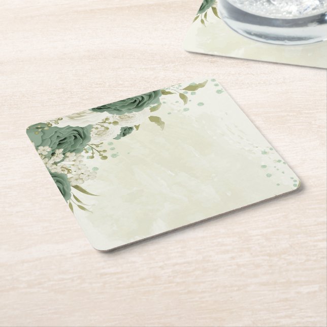 sage green white flowers wedding square paper coaster (Angled)