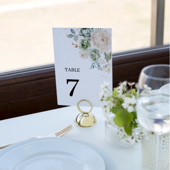 Sage Green & White Flowers Wedding Table Numbers 7 (Creator Uploaded)