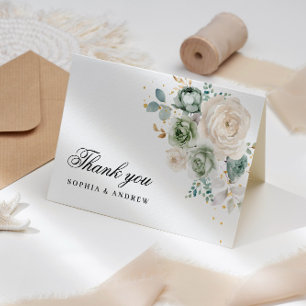 Sage Green & White Flowers Wedding Thank You Card